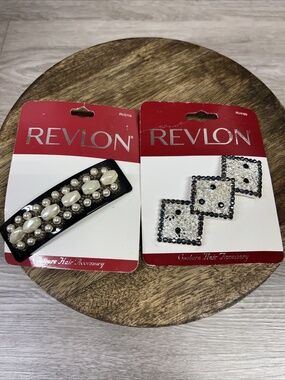 Vintage 1990s Y2K Hair Clips Barrette with Houndstooth, Rhinestones, and Revlon